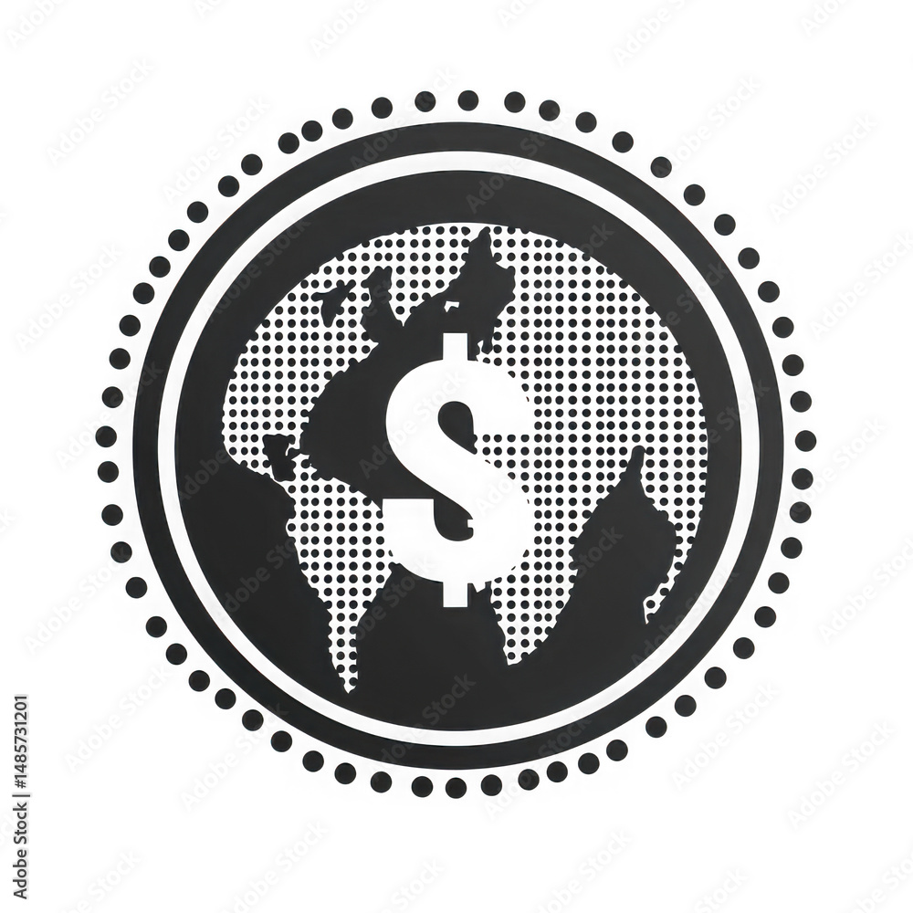 Poster dollar sign with world map isolated on transparent background