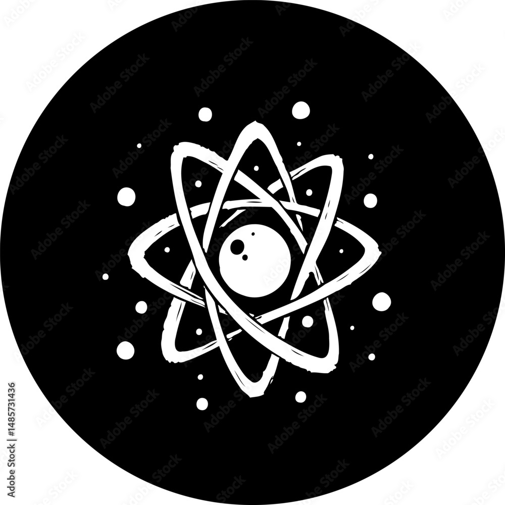 Poster stylized atomic structure rendering within a circular monochrome backdrop