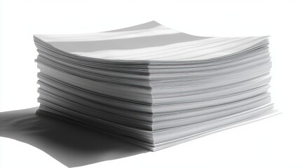 Large stack of blank white paper sheets casting shadows on a white surface with soft lighting