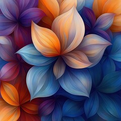abstract multicolored overlapping flower petals with smooth curved shapes in warm orange and cool blue tones creating a harmonious and vibrant floral pattern