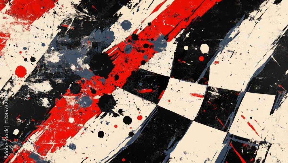 Poster checkered flag with abstract paint splatter