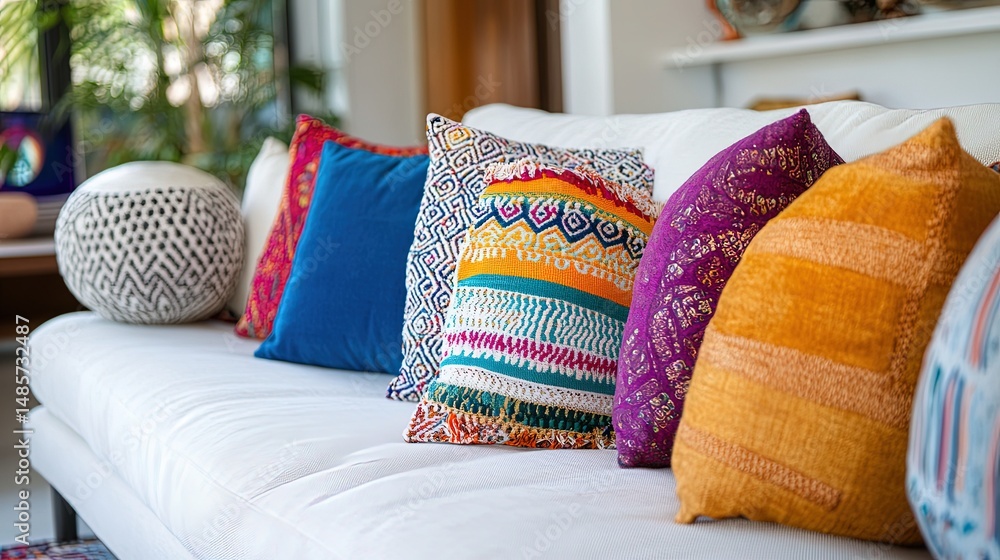 Poster boho style sofa with colorful cushions and stylish decorative elements.