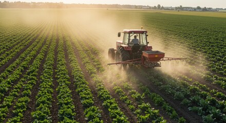 Fototapeta premium Agricultural Tractor Spraying Crops at Golden Hour Sunlight in Lush Green Field