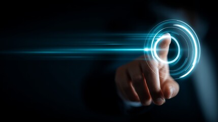 Futuristic Hand Interacting with Digital Interface and Motion Light Effects in Dark Background