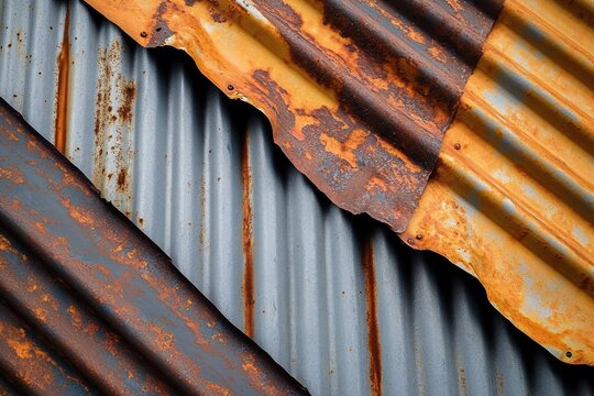Close-up view of overlapping rusted and weathered corrugated metal sheets displaying orange, brown, and gray tones with textured surfaces