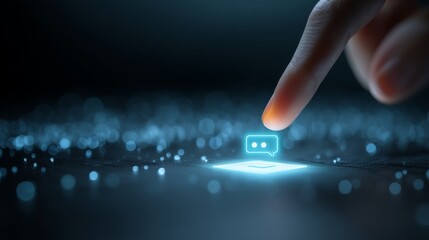 Person's finger gently touching a glowing chat icon over a dark background filled with shimmering lights and particles
