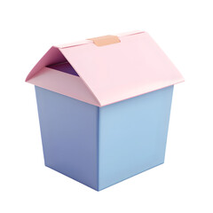 Small,  house-shaped storage container in pastel pink and light blue colors, perfect for home organization.