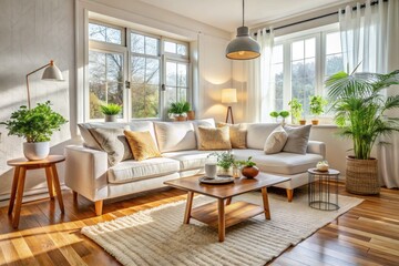 Naklejka premium Cozy Scandinavian Living Room, White Sofa, Minimalist Interior Design, Hygge Home Decor