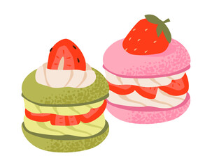 Strawberry cupcakes. Dessert with strawberry and cream. Flat vector illustration.