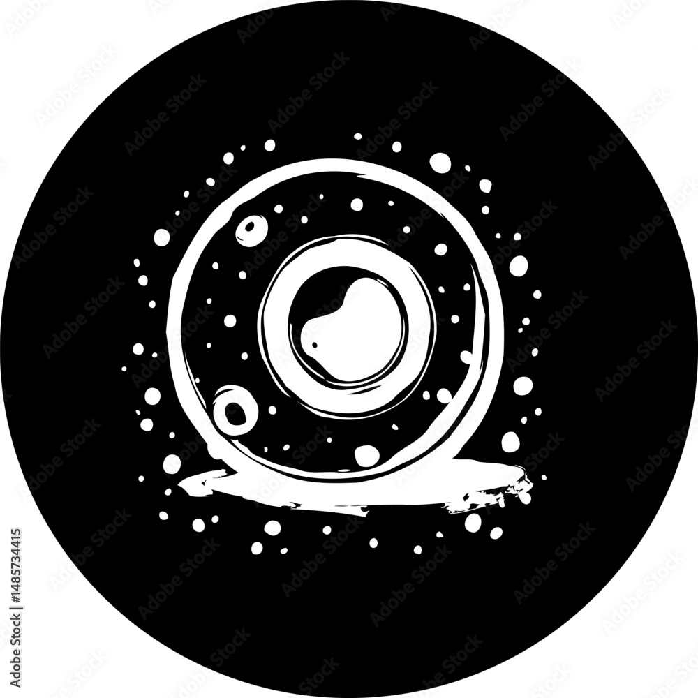 Poster monochromatic abstract rendering with circular motifs and speckled effects within a sphere