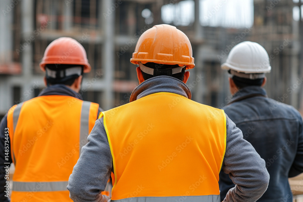 Poster construction workers observe project progress amid ongoing site activity and safety measures in a bu