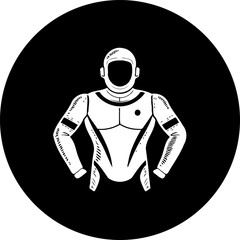 Monochromatic portrayal of an astronaut figure in a circular dark backdrop