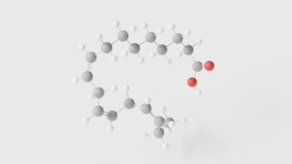 linolenic acid molecule 3d, molecular structure, ball and stick model, structural chemical formula omega-3 fatty acid