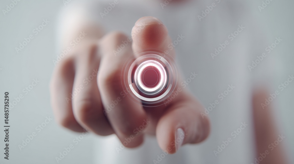 Aufkleber person pointing at interactive circular interface with blurred background in modern, digital environ