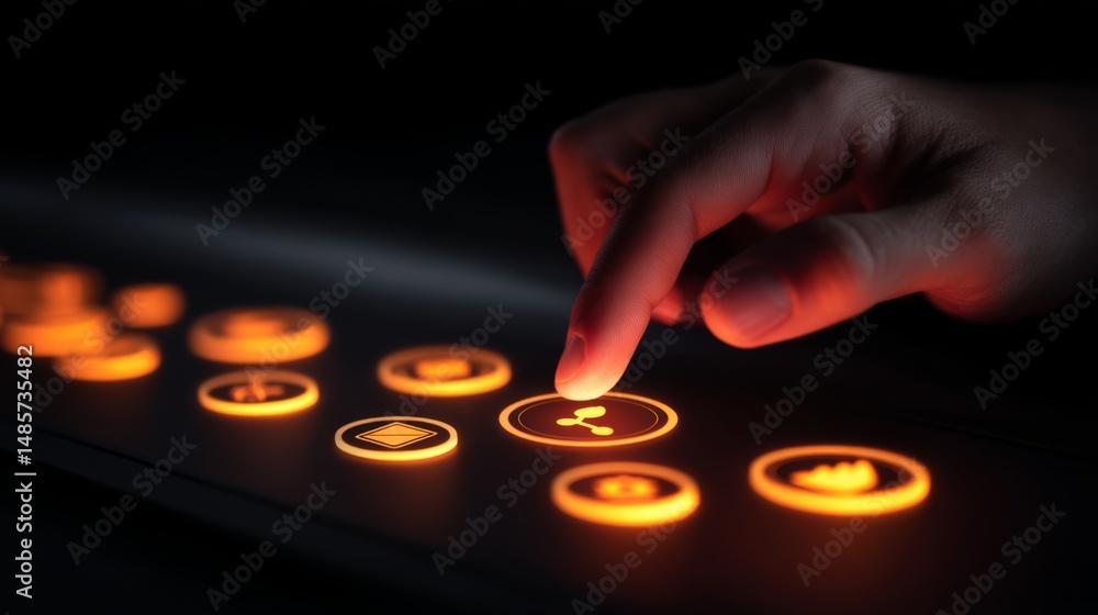 Aufkleber human finger pressing glowing button on digital interface with illuminated icons in dark surrounding