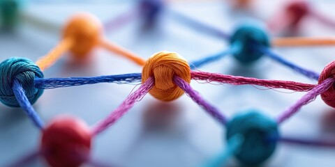 Close-up of colorful yarn balls interconnected with strands of thread symbolizing connection and teamwork