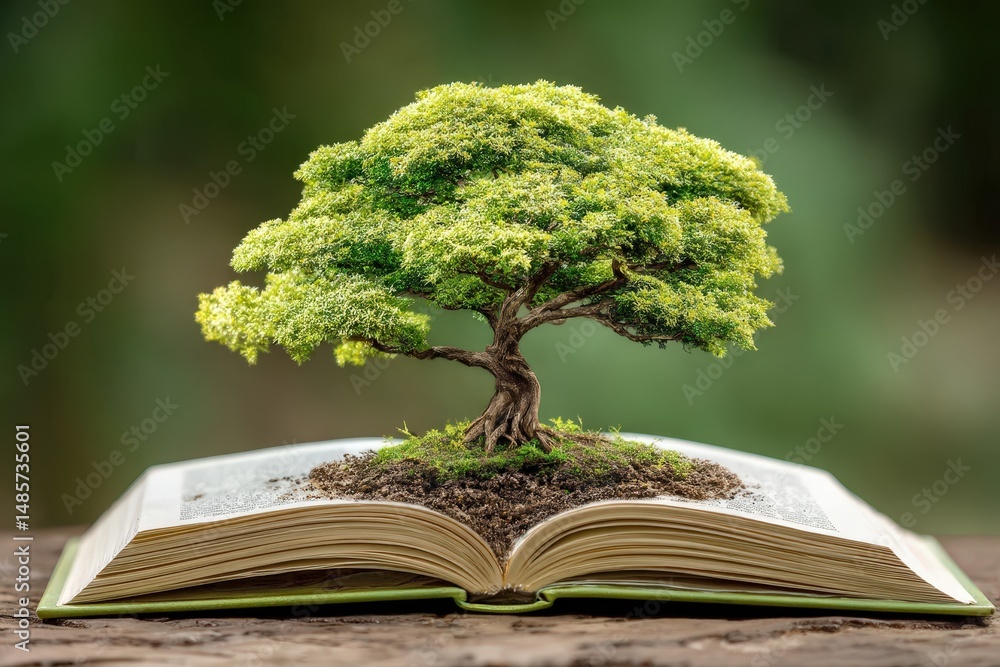 Aufkleber tree growing from open book symbolizing growth, knowledge, and nature in a beautiful setting with na