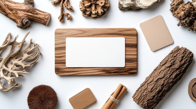 Creative composition with business cards, wood and natural materials on a neutral background. 