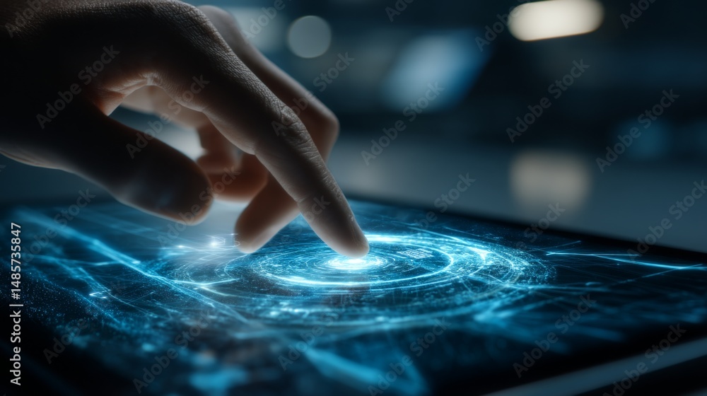 Aufkleber human finger touching glowing digital interface on tablet with abstract data visualization and futur