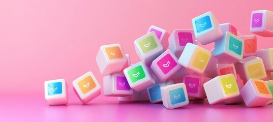 Colorful cubes with checkmark symbols scattered on a smooth pink surface against a matching pink background, evoking a playful and organized mood