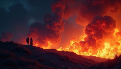 Fiery inferno burning intensely against a dark night sky , intense, burning building