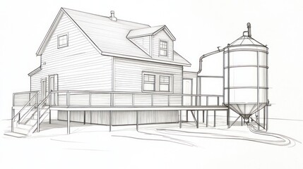 Sketch of farmhouse with silo, rural design concept