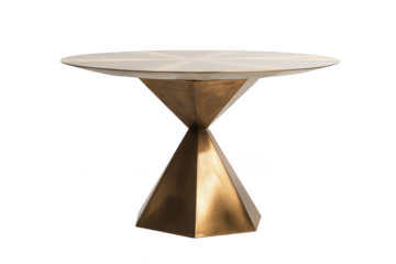 Modern geometric pedestal dining table with metallic finish and triangular base, isolated on a transparent background