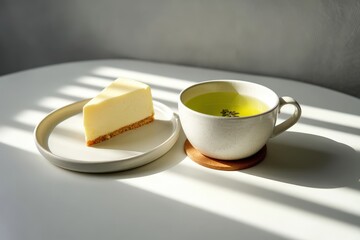 Minimalist Scene of a Cheesecake Slice on a White Plate Next to a Cup of Green Tea on a Sunlit Table Surface