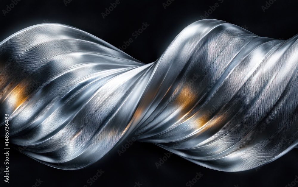 Poster close-up of a polished metallic twisted helix shape with smooth reflective surface and warm golden h