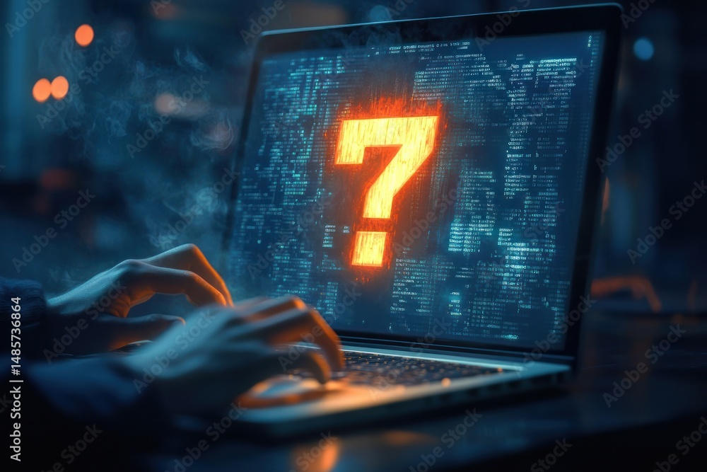Aufkleber a person typing on a laptop displaying a large glowing orange question mark over blue computer code,