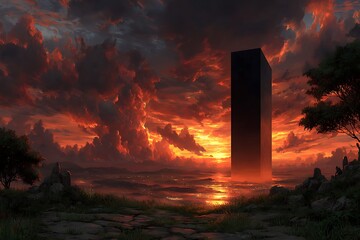 Fototapeta premium Monolith stands against apocalyptic sunset sky