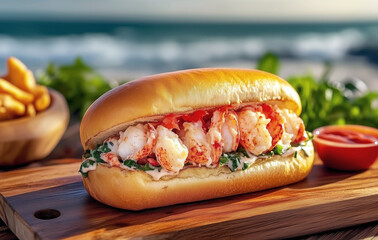 Delicious lobster roll with lettuce and fries on coastal background