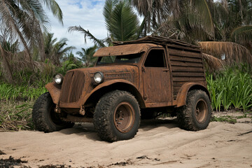 Rustic vintage vehicle parked on sandy beach amidst tropical vegetation surrounded by palm trees