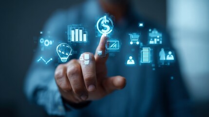 Businessman interacting with digital financial icons and graphs on a futuristic touchscreen for innovative technology concept