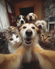 Fototapeta na wymiar Happy group of dogs and cats posing together for a selfie in a cozy home environment