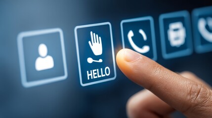 Touchscreen Interaction with Hello Button and User Interface Icons for Technology Communication and Connection