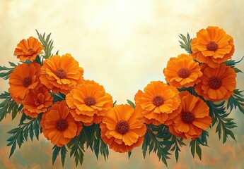 Obraz premium Vibrant orange flowers arranged in a semi-circle with lush green leaves against a soft beige background, evoking warmth and natural beauty