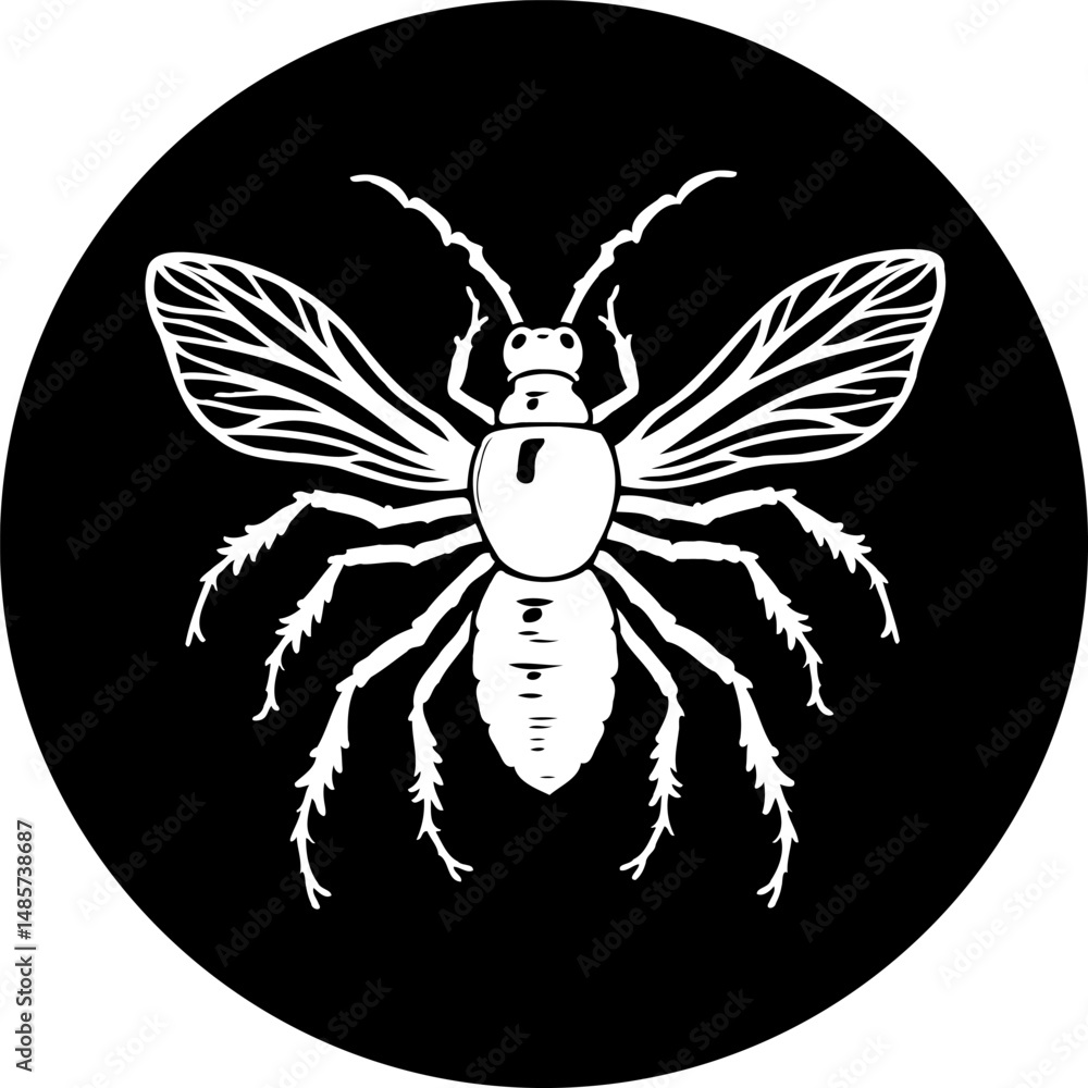 Poster stylized vector depiction of an insect with extended wings on a circular background