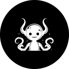 Whimsical cosmic creature illustration within a sleek circular black frame