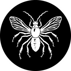 Stylized vector depiction of an insect with extended wings on a circular background