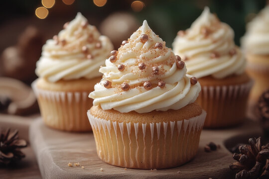 Cream-frosted cupcakes topped with chocolate sprinkles.