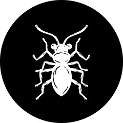 Stylized depiction of an ant in simple black and white circular design