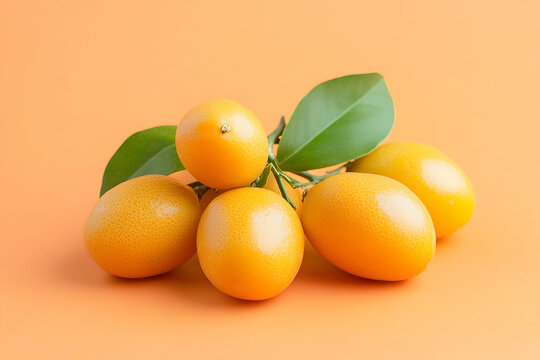 Group of fresh kumquats with vibrant leaves on an orange background. - Powered by Adobe