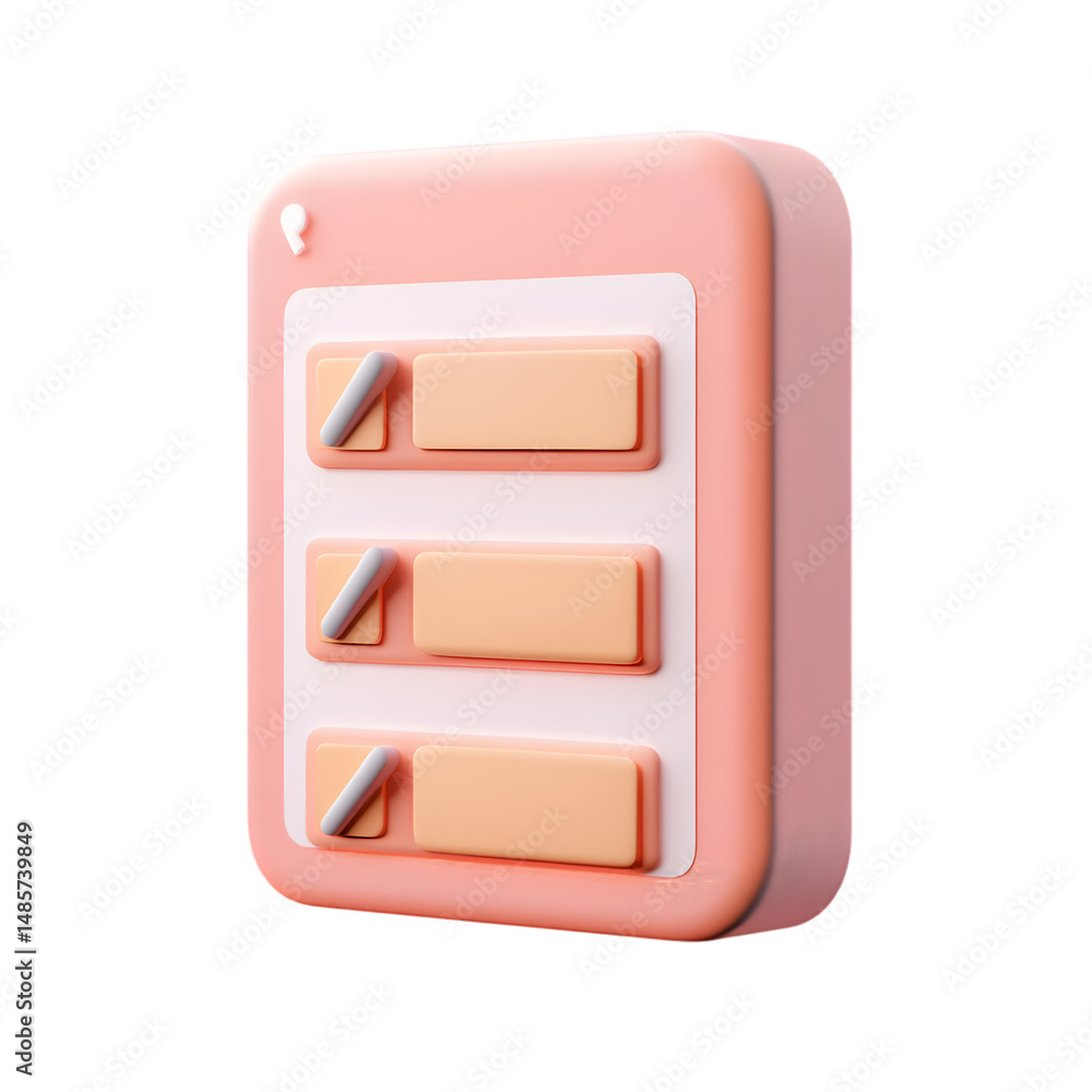 Poster 3d rendered digital list interface with a light pink and peach color scheme. it shows three list ite