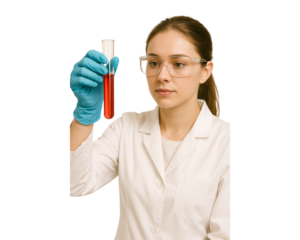 female scientist holding test tubes isolated on transparent or white background PNG