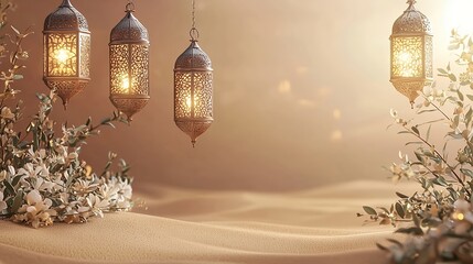 Ornamental lanterns aglow illuminate a serene desert scape with floral accents