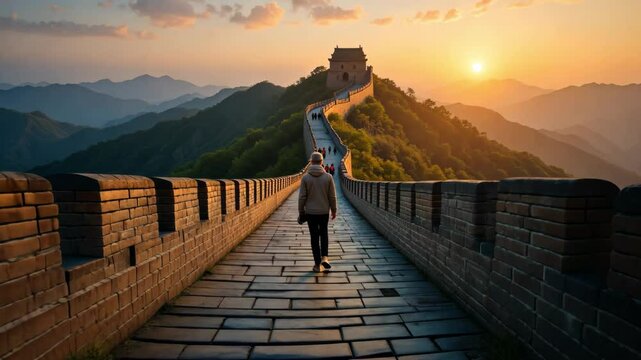 A woman walking alone on the Great Wall of China during golden hour with mountains in background, symbolizing travel, heritage and solitude