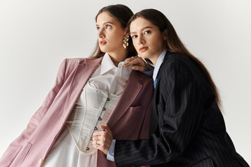 Stylish twin sisters showcase elegance and fashion in stunning portrait session