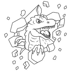 Tyrannosaurus cartoon breaking wall line art