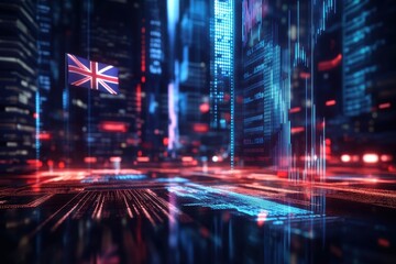 Fototapeta premium Futuristic UK Cityscape Digital Art Abstract Background Red Blue Neon Lights Technology Data Code 